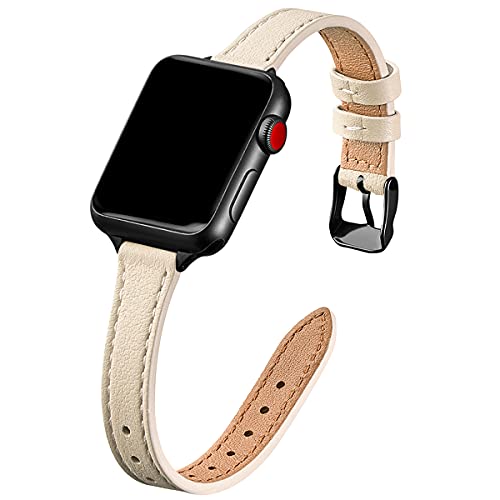 STIROLL Slim Leather Bands Compatible with Apple Watch Band 38mm 40mm 41mm 42mm 44mm 45mm 49mm,Top Grain Leather Watch Thin Wristband for iWatch Ultra SE Series 9/8/7/6/5/4/3/2/1(Brown with Rose Gold)