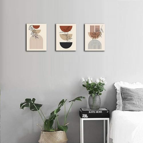 Boho Wall Art Framed Abstract Art Prints Mid Century Modern Art Minimalist Art Wall Decor Geometric Line Leaf Aesthetic Canvas Bathroom Bedroom Decor (Boho, 12x16inch x3)