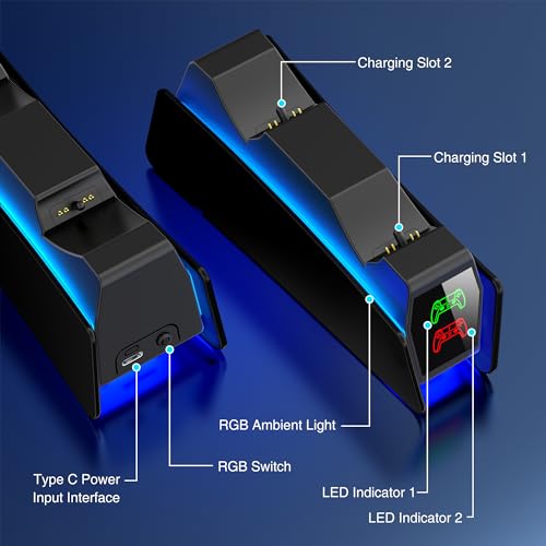 PS5 Controller Charger Station for PlayStation 5 Dualsense with LED Light Dual Stand Charger Dock, PS5 Controller Charging Station Accessories for PlayStation 5 Faceplates DualSense Edge-Black