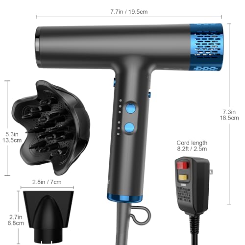 YAPOY Professional Hair Dryer with Diffuser Fast Drying 200 Million Ionic Blow Dryer with 110, 000 RPM High-Speed No Heat Damage Intelligent Thermo-Control Low Noise Black