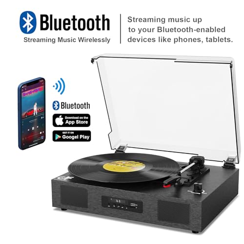 Record Player Bluetooth 3-Speed Vinyl Record Player with Stereo Speakers, USB Recording, RCA Line-Out, AUX-in, Retro Phonograph Turntable for Vinyl Records, Black