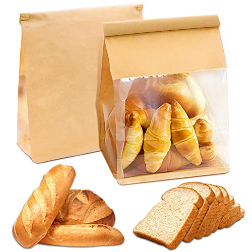 GOULIKFUL Heavy Duty 50PCS Kraft Paper Bread Bags with Tin Tie Tab Lock, Loaf Bag with Clear Front Window, Storage Packaging Treat Bag for Bakery Cafe Homemade Bread 10.2”× 5.1”× 6.3”