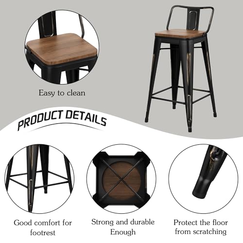 Alunaune 24" Industrial Metal Bar Stools Set of 4 Counter Height Barstools Kitchen Bar Chairs with Modern Wooden Seat, Distressed Gold Black