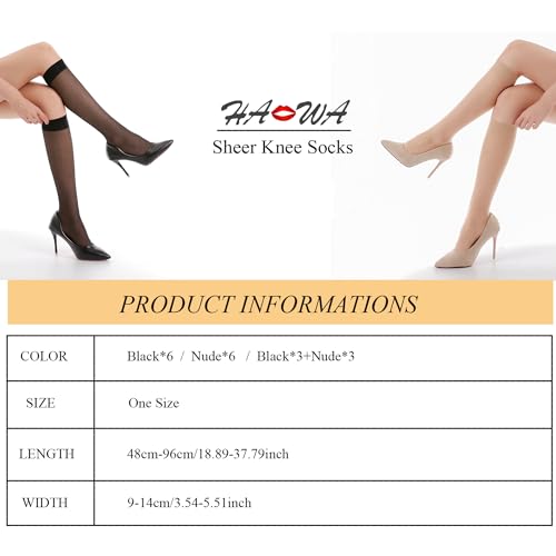 HA WA 6 Pairs Women's Knee High Stocking Nylon Black&Nude Socks(20D-KS 3*Black+3*Nude)