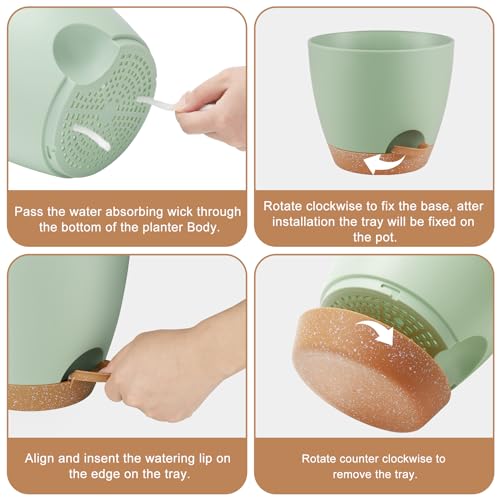 QRRICA Plant Pots 8/7/6.5/6/5.5/5 Inch Self Watering Pots, Set of 6 Plastic Planters with Drainage Holes and Saucers,Plastic Flower Pots,Nursery Planting Pot for Indoor Out Door Plants(Green)