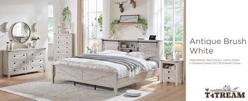 T4TREAM Nightstand with Charging Station, End Table, Side Table with 2 Drawers Storage Cabinet for Bedroom, Living Room, Farmhouse Design, Wood Rustic, Antique White