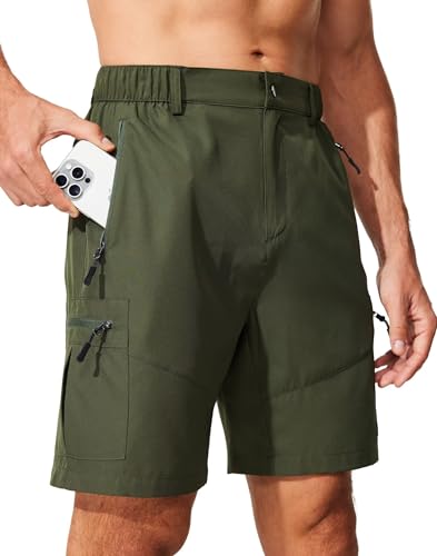 FUWODE Mens Hiking Cargo Shorts with 5 Zipper Pockets Lightweight Multi Pockets 9 Inseam Elastic Stretch Waistband Belt Loop Quick Dry for Summer Outdoor