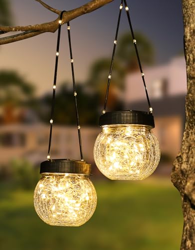 Solar Lantern Solar Lights Outdoor Waterproof 2-Pack, Solar Powered Hanging Lights Cracked Glass Hanging Globes for Christmas Decoration, Shepherd Hook, Garden Tree Ornaments