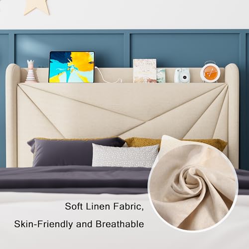 Feonase Twin Bed Frame, Upholstered Bed Frame with Charging Station, Wingback Storage Headboard, No Box Spring Needed, Noise-Free, Beige