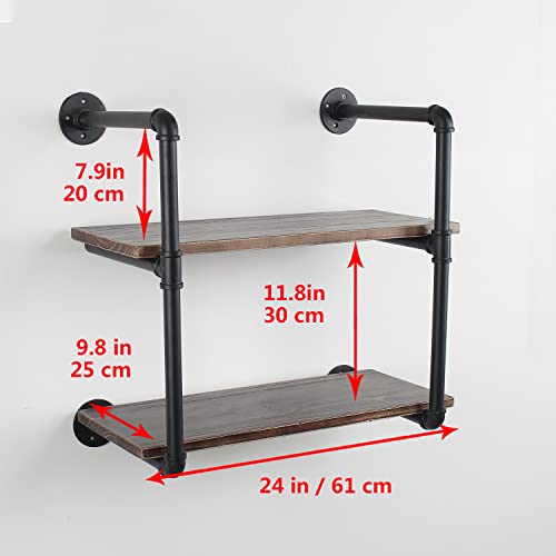 MBQQ Industrial Retro Pipe Shelf 24in 2 Tier Wall Mounted,Rustic Floating Shelves,Farmhouse Kitchen Bar Shelving,Home Decor Book Shelves,DIY Bookshelf Hanging Wall Shelves,Black