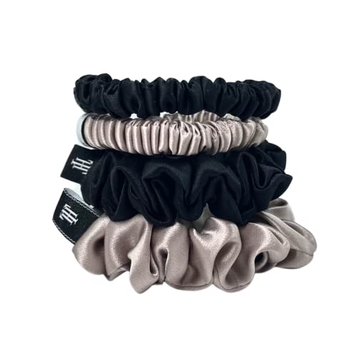 Hair Tiger 100% Mulberry Silk Scrunchies Perfect for Sleeping, Hypoallergenic and Gentle Silk Hair Ties to Prevent Frizz, Tangles and Breakage (Medium and Skinny) (Black and Taupe), Set of 4