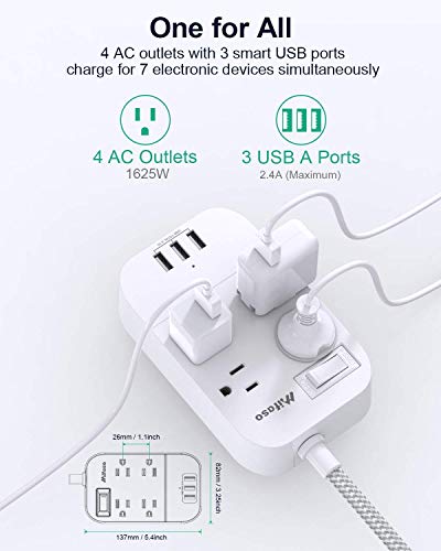 Dorm Room Essentials, Extension Cord 5FT, Power Strip with USB Ports, Flat Plug, Wall Mountable, Overload Protection, Home Office Supplies