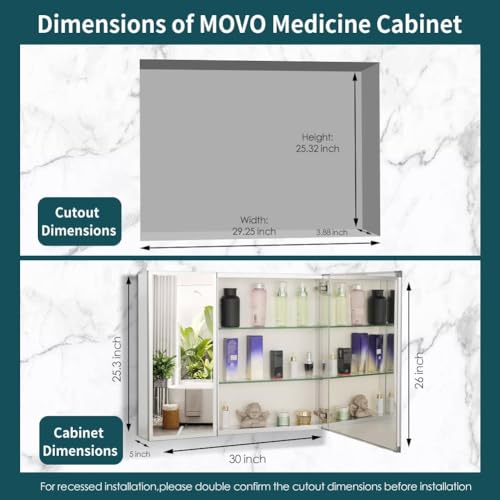 Double Doors Medicine Cabinet with Mirror, 30 inch X 26 inch Aluminum Bathroom Medicine Cabinet, Adjustable Glass Shelves, Waterproof and Rust-Resist, Recess or Surface Mount Installation,Silver