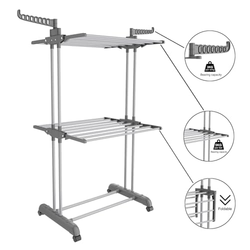 Bigzzia 3 Tier Clothes Drying Rack, 57 Inch Laundry Drying Rack, Foldable Stainless Steel Kids Clothing Rack, Movable Laundry Rack for Indoor Outdoor - Grey