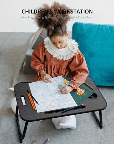 ZEAPTAC Laptop Bed Desk, Foldable Lap Table, Portable Study Table, Laptop Stand with Cup Holder & Tablet Slot & Lifting Handle for Working Writing Drawing & Eating - Black