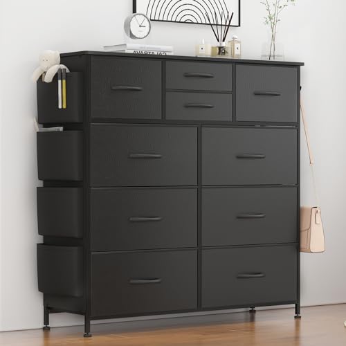 Lulive Dresser for Bedroom with 10 Drawers, Chest of Drawers with Side Pockets and Hooks, PU Storage Dresser, Organizer Unit for Living Room, Hallway, Closet (Black)