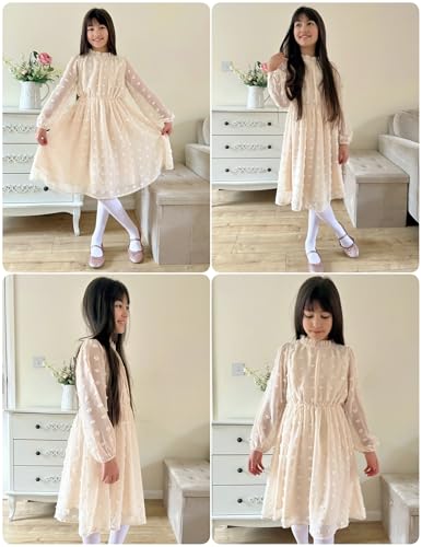 Flypigs Tween Girls Long Sleeve Fall Dresses Swiss Dot Casual Party Dress Hot Pink 7-8Years