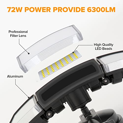 LUTEC 72W 6300LM LED Security Lights Motion Sensor Light Outdoor, 5000K Daylight, IP65 Waterproof, Dusk to Dawn, 3 Head Motion Detected Flood Light for Garage, Yard, Porch(Black)