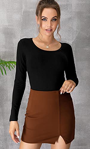 MANGDIUP Women's Crew Neck Long Sleeve Bodysuit - Stretch Cotton Jumpsuit, Comfortable Everyday Wear(Burgundy-XL)