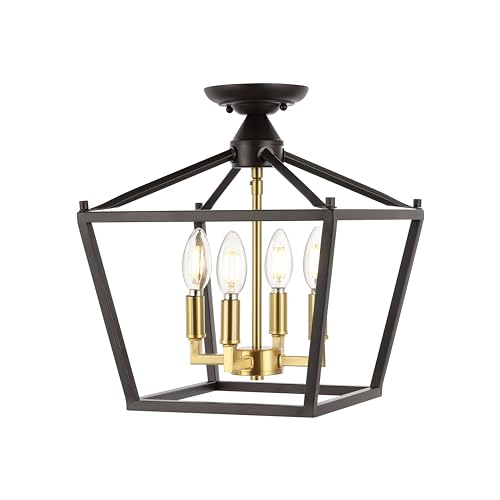 JONATHAN Y JYL7610G Plains Mini Lantern 12" 4-Light Iron Modern Farmhouse LED Flush Mount, Office, Living Room, Family Room, Dining Room, Bedroom, Hallway, Foyer, Oil Rubbed Bronze/Brass Gold