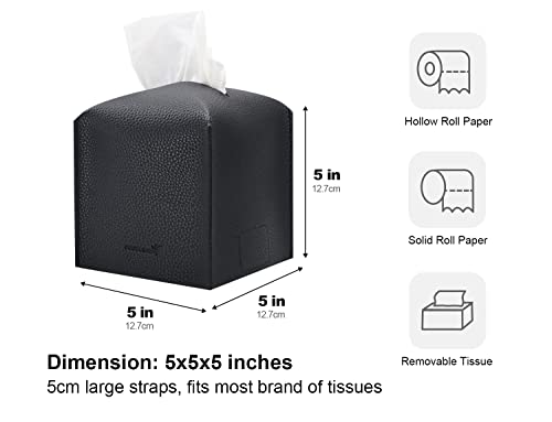 PENGLONG Tissue Box Cover 5X5X5'' PU Leather Tissue Holder Square Tissue Cube Box Organizer for Bathroom Vanity Countertop, Car, Night Stands, Office, Home, Kitchen (1Pack, Black)