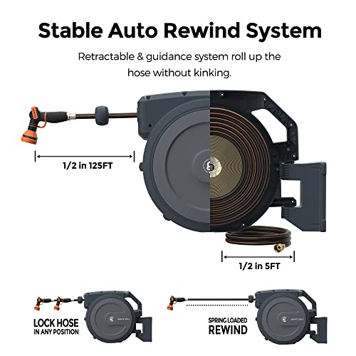 Giraffe Tools Metal Retractable Hose Reel 130 FT Wall Mounted Heavy Duty Hose Reel with 9 Pattern Nozzle 180 Deg Swivel, Metal Bracket Any Length Lock (1/2 130FT PRO, Dark Grey)