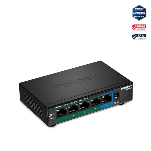 TRENDnet 5-Port Gigabit PoE+ Switch, 32W PoE Power Budget, 10Gbps Switching Capacity, IEEE 802.1p QoS, DSCP Pass-Through Support, Fanless, Wall Mountable, Lifetime Protection, Black, TPE-TG52