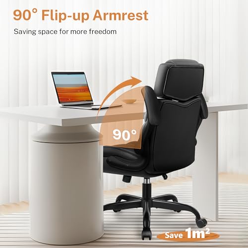 BestGlory Office Chair Flip Up Arms, Executive Leather Office Chair Ergonomic Desk Chair with Lumbar Support, Adjustable Headrest, Computer Chair Home Office Desk Chair with Rocking Function