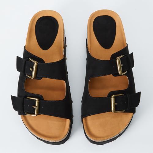 Yishaweiqi Women's Metallic Silver Platform Sandals Comfortable Cork Footbed Studded Flatform Sandals Adjustable Buckle Straps Flat Clogs Slide Sandals