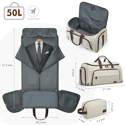 Carry On Garment Bag for Travel, S-ZONE Convertible Garment Duffle Bag Suit Bags for Men Women Travel- 2 in 1 Hanging Suitcase Business Travel Bag with Toiletry Bag, Beige, 50l