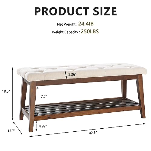 kinmars Upholstered Bench for Bedroom End of Bed,42.5-inch Entryway Bench for Living Room,Dining Bench with Padded Seat and Solid Wood Leg for Kitchen Bedroom,Indoor and Hallway (Shoe Bench, Beige)
