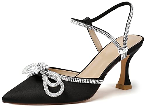 Susanny Wedding Shoes for Women Low Heel Bridal Shoes Bow Heels Pumps Denim Rhinestone Heels Bride Party Bridesmaid Evening Dress Homecoming Shoes 6.5