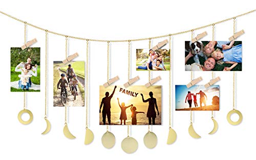 EEEKit Hanging Photo Display, Moon Garland with Chains & 20 Wood Clips, DIY Picture Frames Collage Photo Wall Display for Home Office Xmas Bedroom College Dorm Room Decoration, Ideal Girls Gift, Gold