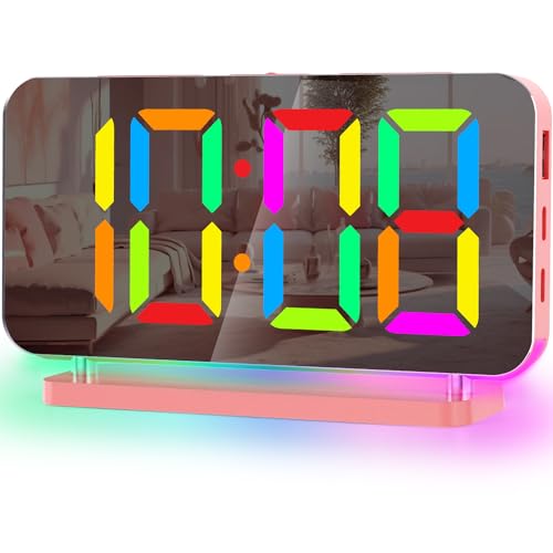 SZELAM Alarm Clock for Bedroom,7.4" Mirror Digital Clocks Large Display,with RGB Night Light, USB C Charger Port,Auto Dimming,LED Desk Clock for Kid Teen Girl Adults Room - Pink