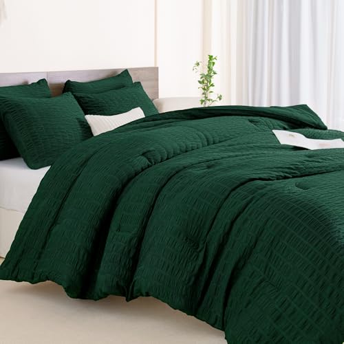 Andency Dark Green Comforter Set Queen (90x90 Inch), 3 Pieces Emerald Seersucker Comforter Set, Forest Hunter Green Microfiber Summer Lightweight Down Alternative Bedding Set