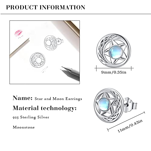 Moonstone Stud Earrings For Women, Sterling Silver Celtic Knot Pentacle Moon Star Hypoallergenic Earrings for Sensitive Ears 4mm Moonstone Jewelry Celtic Gift For Mother Friend