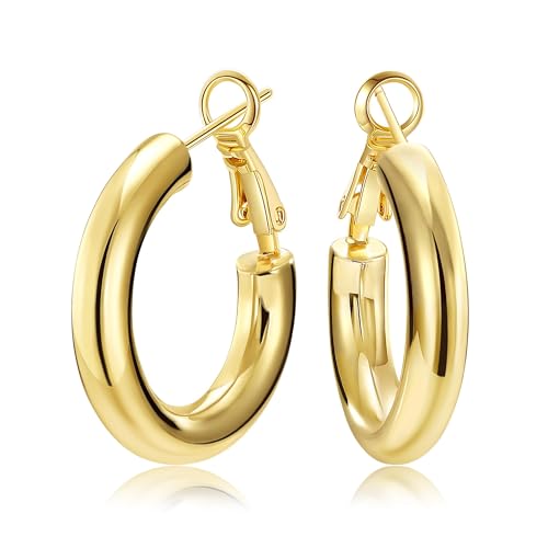 SHOWNII Chunky Silver Hoop Earrings - 14K Gold Plated Earrings for Women Hollow Tube Thick Hoops Graduation Gifts for Her