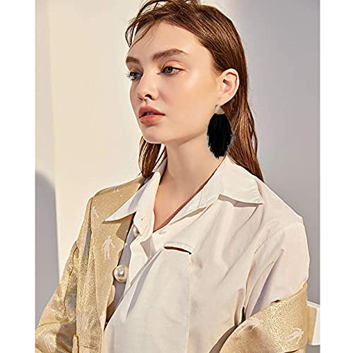 Seakuur Bohemian Silky Thread Fan Fringe Tassel Statement Earrings Lightweight Strand Feather Shape Dangles Earring Necklace Set for Women (Black)