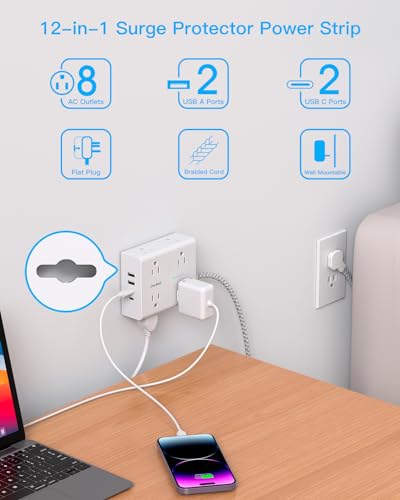 Surge Protector Power Strip 6 Ft Cord, Flat Extension Cord with 8 Outlets 4 USB Ports(2 USB C), 1080 J, Wall Plug Outlet Extender, Flat Plug Power Strip for Home Office Dorm Room Essentials
