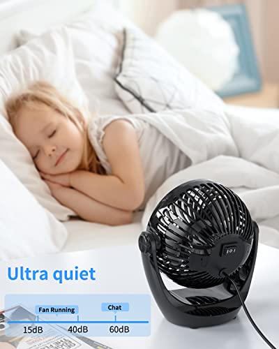 Aluan Desk Fan Small Table Fan with Strong Airflow Quiet Operation Portable Fan Speed Adjustable Head 360°Rotatable Mini Personal Fan for Home Office Bedroom Table and Desktop 5.1 Inch