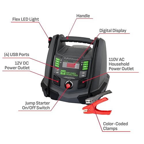 Schumacher Electric FR01337 Rechargeable AGM Jump Starter for Gas, Diesel Vehicles - 1200A with Air Compressor and 12V USB/AC Power Station to Charge Phones, Accessories
