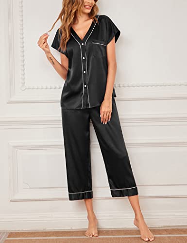 Ekouaer Satin Pajama Set Womens Short Sleeve V Neck Shirt with Capri Pants Button Down PJs Soft Silky Loungewear Rose Red L