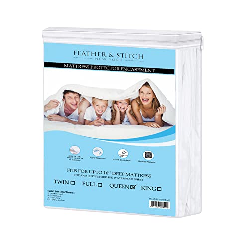 Feather & Stitch Premium Mattress Protector, Bedding Zippered Mattress Encasement, 100% Waterproof Knitted Polyester Bed Cover - Absorbent, Six-Sided Mattress Cover (Queen)
