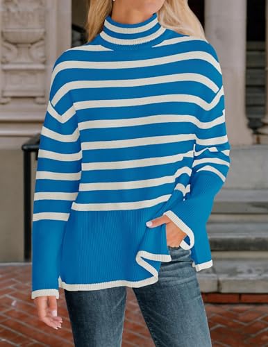 ZESICA Women's 2024 Winter Sweaters Casual Turtleneck Long Sleeve Striped Side Slit Loose Pullover Sweater Jumper Tops,Oats,Large