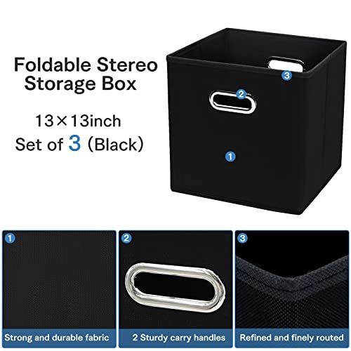 STOREONE 13 Inch Cube Organizer Bins ,Black Fabric Storage BinοΌFoldable Storage Box Basket with Dual Handles Fabric Organizer Bins and collapsible Storage BoxesοΌSet of 3,Black