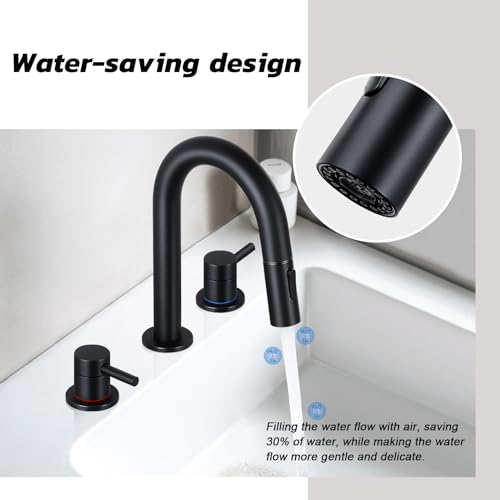 HGN Widespread Bathroom Faucet 3 Hole 8 inch Bathroom Sink Faucet with Pull Down Sprayer Pull Out Bathroom Faucet with Pop-Up Drain 2 Handle Black Bathroom Faucet