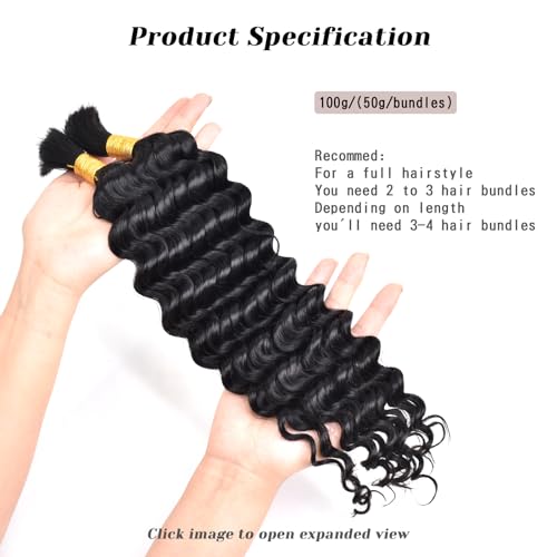 Human Braiding Hair For Boho Braids Human Hair Bundles Deep Wave Bundles 100g(2 Bundles/Pack) Human Braiding Hair Extensions No Weft 100% Brazilian Virgin Curly Braiding Hair (27#, 18Inches)