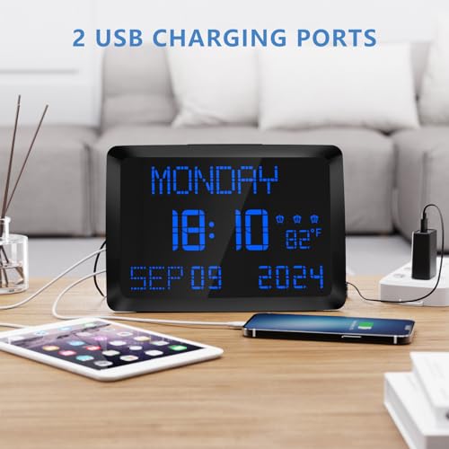 Raynic Digital Clock, 11.5" Large Display Digital Wall Clock,Adjustable Brightness Calendar Clock with Day and Date, Indoor Temperature, Snooze,12/24H, DST for Home, Office, Elderly