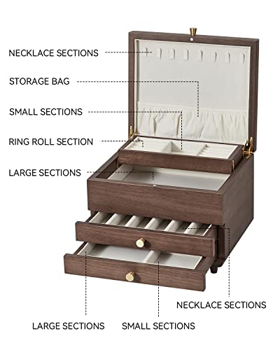 CHOSIN Wooden Jewelry Box, 3 Layer Large Jewelry Organizer for Women, Black Walnut Solid Wood, Jewelry Storage for Necklaces Rings Earring Watches Bracelets Birthday Gifts (No Mirror)
