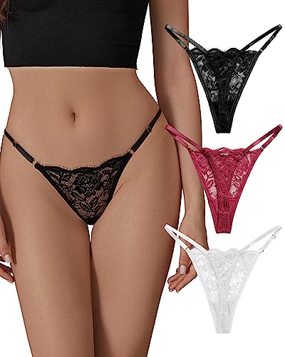 SHARICCA Lace G-String Thongs for Women Comfort Sexy Underwear Breathable T-back Thongs Panties Pack, 3P03,XS